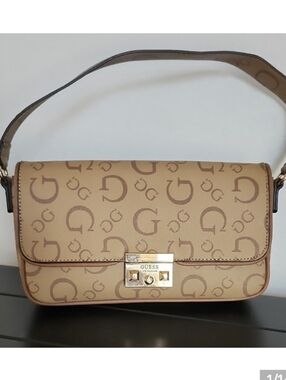 Vintage GUESS Y2K Monogram Baguette Shoulder Bag Brown Logo Purse Gold Hardware
